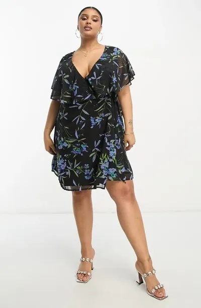 Asos Design Curve Floral Print Wrap Minidress In Black