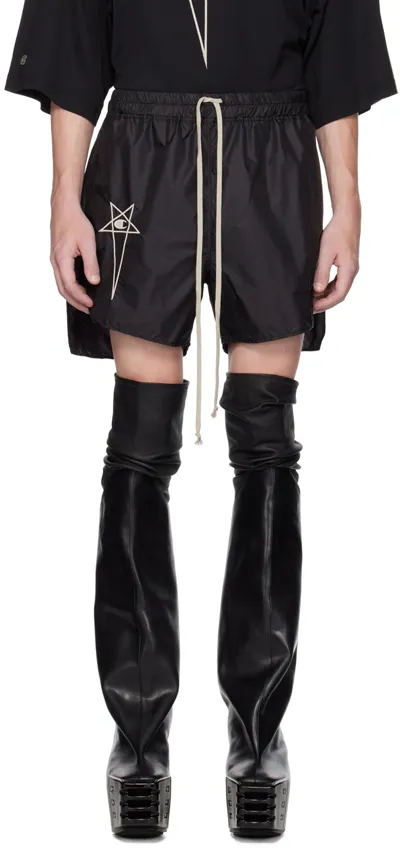 Rick Owens Champion Dolphin Straight-leg Embroidered Recycled-shell Shorts In Black