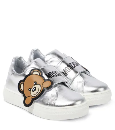 Moschino Kids' Teddy Bear Leather Sneakers In 白色