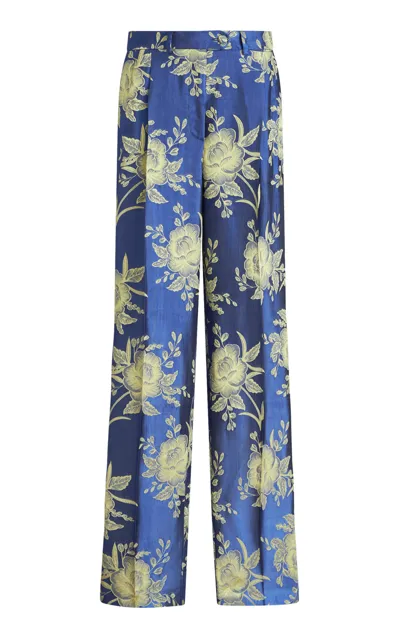 Etro Floral-satin Straight-leg Trousers In Blue