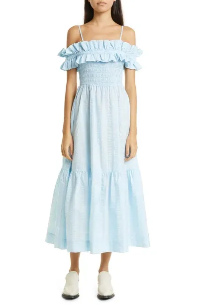 Ganni Seersucker Smocked Maxi Dress In Ice Water