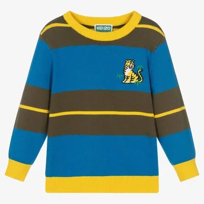 Kenzo Kids' Logo-embroidered Striped Jumper In Blue