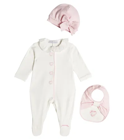 Monnalisa Baby Printed Jersey Onesie, Bib, And Beanie Set In Multicoloured