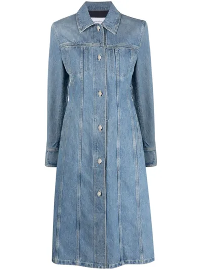 Ferragamo Button-front Long Denim Trench Coat In Blue Denim