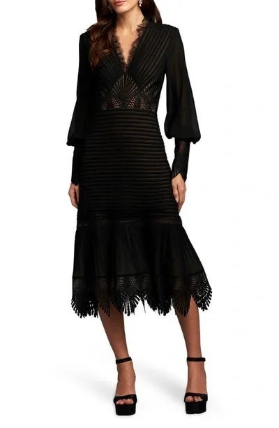 Tadashi Shoji Ribbed Lace Trim Long Sleeve Midi Cocktail Dress In Black/nude