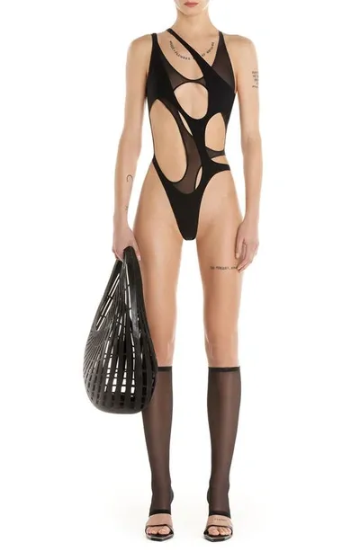 Mugler Asymmetric Cutout Swimsuit In Black/black B1919