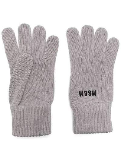 Msgm Logo-embroidered Knitted Gloves In Grey