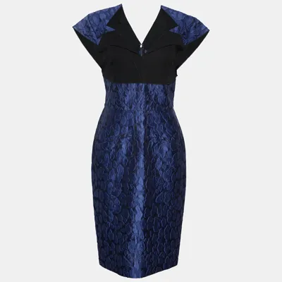 Pre-owned Roland Mouret Navy Blue Mirah Jacquard Cotton Silk Midi Dress S