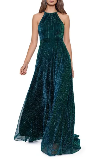 Betsy & Adam Long Halter Neck Metallic Crinkle Dress In Jade