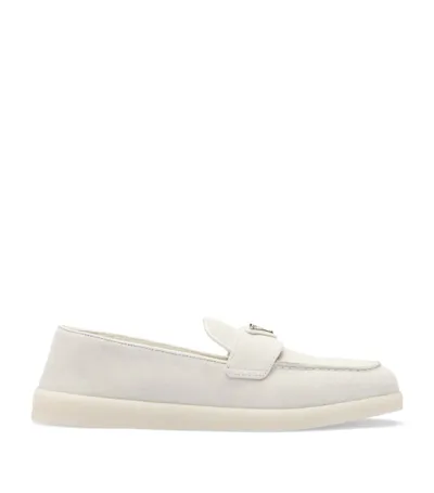 Prada Triangle-logo Suede Loafers In White