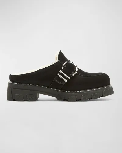 La Canadienne Allie Suede Shearling Buckle Mules In Black