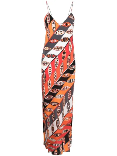 Pucci Printed Silk Maxi Dress In Arancio/rosso