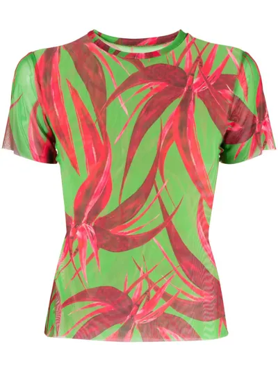 Louisa Ballou Floral-print Mesh T-shirt In Green