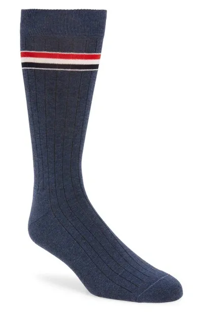 Thom Browne Stripe Ribbed Mid Calf Socks In Dark Blue