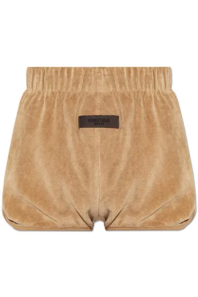 Essentials Velvet-effect Logo-tag Shorts In Beige