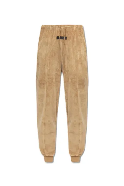 Essentials Fear Of God  Logo Patch Velour Sweatpants In Oak