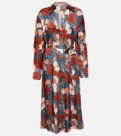 Vince Nouveau Floral-print Belted Charmeuse Midi Shirt Dress In Red