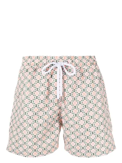 Frescobol Carioca Printed Swim Shorts In Pastel Orange & Vineyard Green