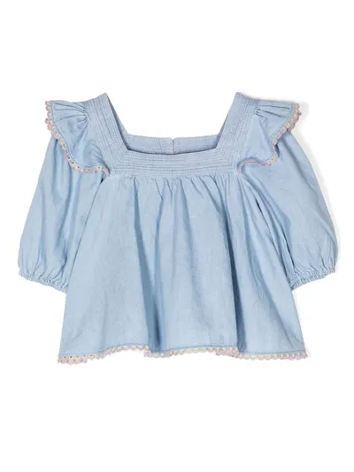 Zimmermann Kids' Halcyon Smocked Denim Top In Blue