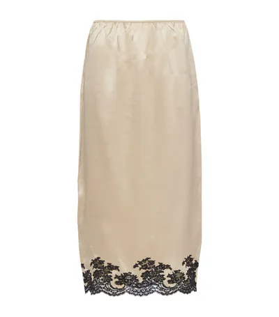 Prada Lace-embellishment Silk Midi Skirt In Beige Khaki