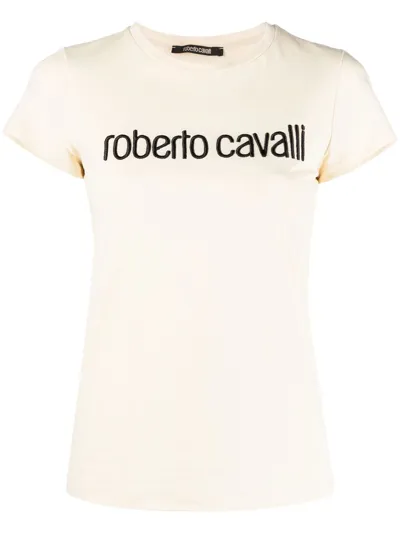 Roberto Cavalli Logo-embroidered T-shirt In Nude