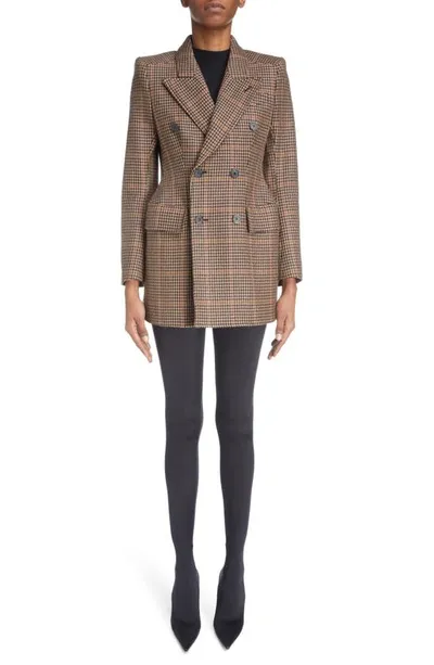 Balenciaga Hourglass Houndstooth Strong Shoulder Double Breasted Wool Blend Blazer In Beige