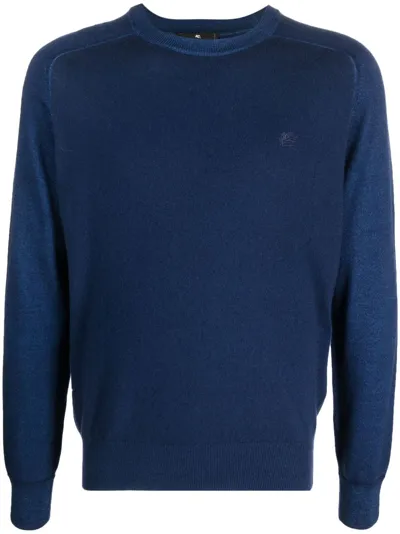 Etro Logo-embroidered Virgin Wool Jumper In Blue