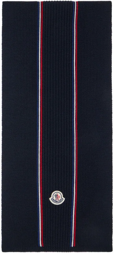 Moncler Logo-patch Virgin-wool Scarf In Blue