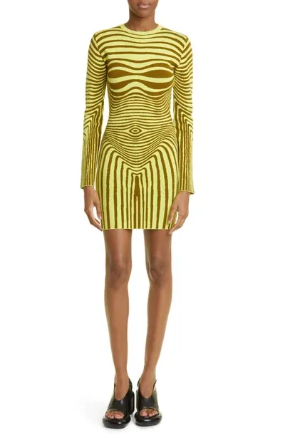 Jean Paul Gaultier Morphing Stripe Long Sleeve Sweater Dress In 4144-khaki/lime