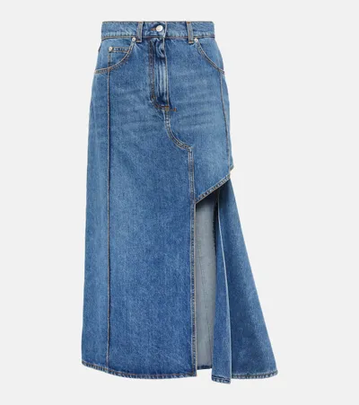 Alexander Mcqueen Denim Midi Skirt With Asymmetric High Slit In Blue