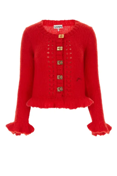 Ganni Long Sleeve Red Mohair Cardigan In Racing Red