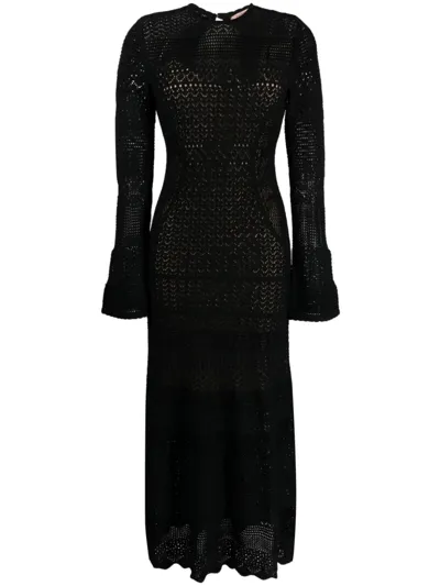 Twinset Pointelle-knit Long-sleeve Midi Dress In Black  