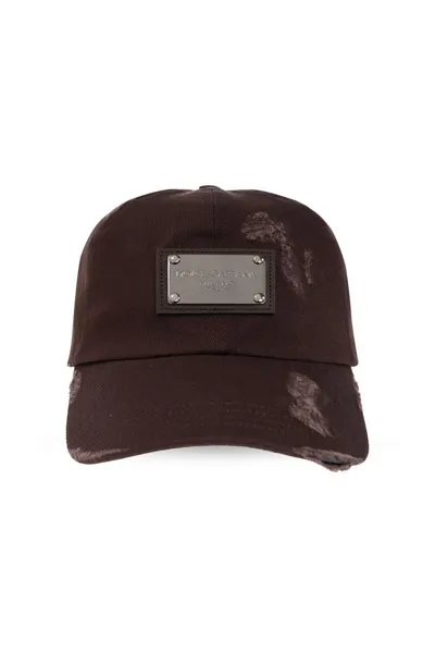 Dolce & Gabbana Logo Plaque Distressed Baseball Cap In Brown