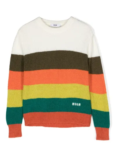 Msgm Kids' Stripe-pattern Colour-block Jumper In Green