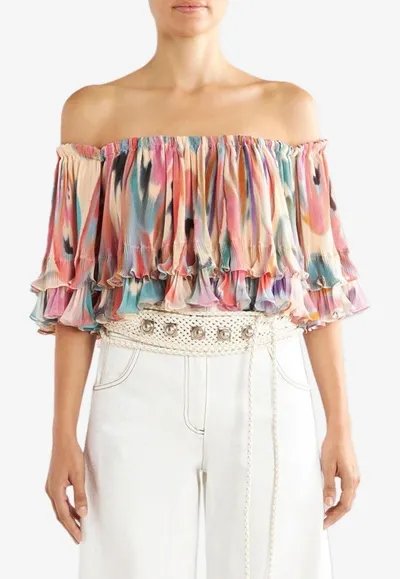 Etro Ruffled Crepe Off-the-shoulder Crop Top In Beige