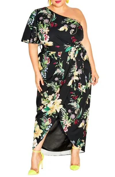 City Chic Bonnie One Shoulder Floral Print Maxi Dress In Black Sunnie Floral