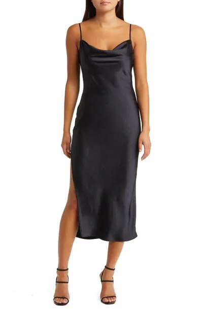 Open Edit Cowl Neck Satin Slipdress In Black