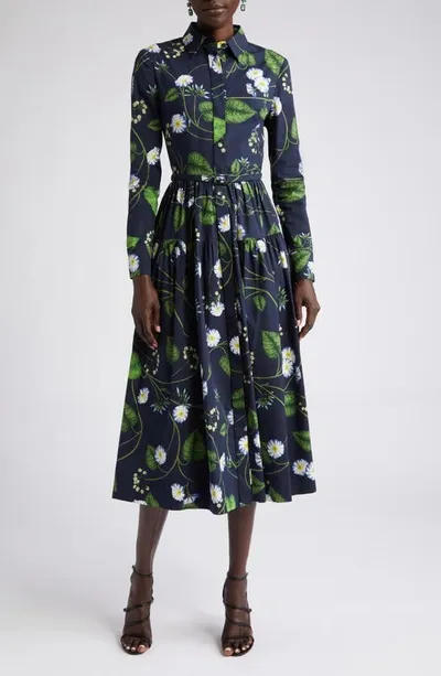 Oscar De La Renta Morning Glory Tiered Poplin Shirtdress In Whitedark Navy