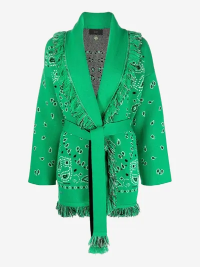 Alanui Jacquard Bandana Fringe Belted Cardigan In Green