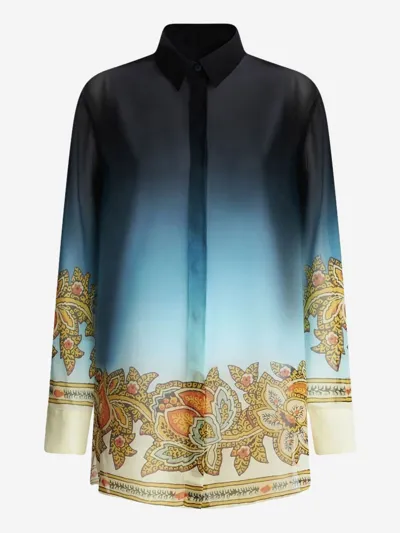 Etro Floral-print Silk Shirt In Blue