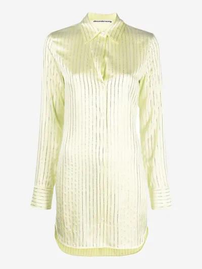 Alexander Wang Crystal-striped Silk Mini Shirt Dress In Green