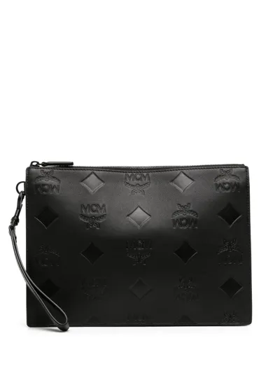 Mcm Aren Monogram Leather Clutch Bag In Black