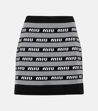 Miu Miu Logo Jacquard Wool Miniskirt In Black