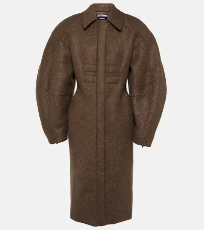 Jacquemus Le Manteau Croissant Felt Raglan Coat In Dark Brown