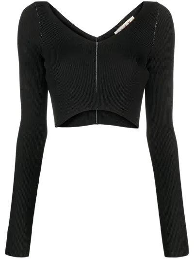 Marni V-neck Ribbed-knit Crop Top In Black