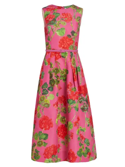 Oscar De La Renta Floral Faille Midi Dress In Red Geranium