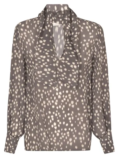 True Royal Printed Scarfed Blouse In Grey/white