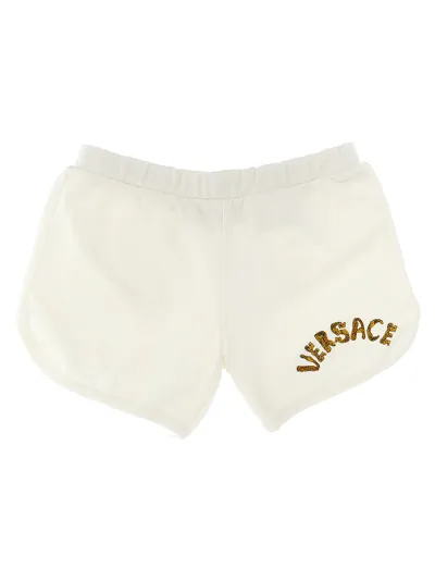 Versace Kids' Logo Cotton Fleece Shorts In Whitegold