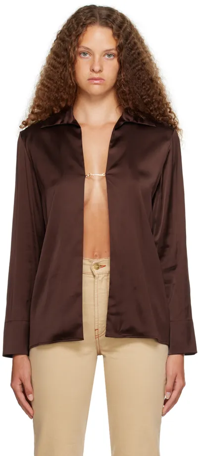 Jacquemus La Chemise Notte Open Logo-plaque Satin Blouse In Brown