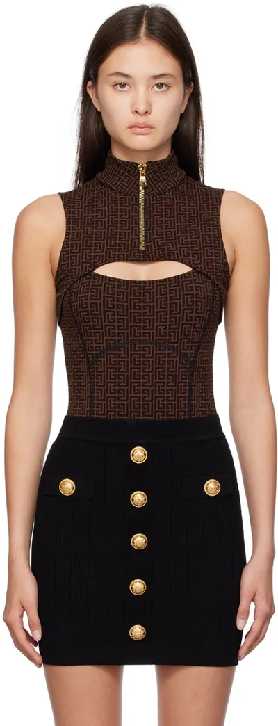 Balmain Brown Monogram Bodysuit In Wby Marron Vif/ Noir